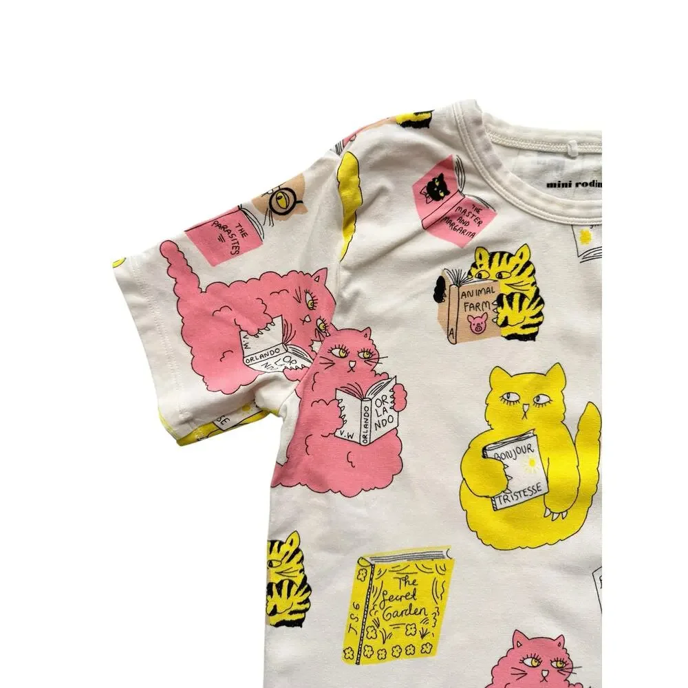 Mini Rodini Cats Reading Books Short Sleeve T-Shirt Size 7-9y - Picture 2 of 4